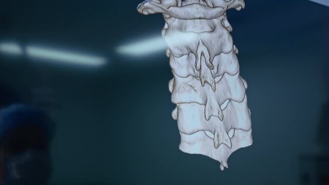 Specialized imaging of a spine at the computer monitor. Close up. 3D virtual reconstructions to visualize a patient's unique anatomy before executing complex operations.