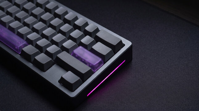Modern mechanical computer keyboard with custom purple keycaps and glowing neon light strip on dark background.