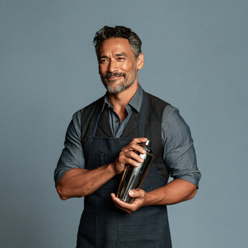 Assured Hispanic Male Bartender Three Quarter Profile Portrait