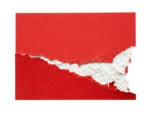 Red textured paper rectangle with dramatic diagonal tear exposing white fibers