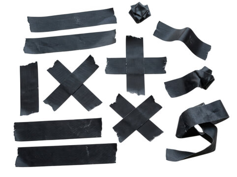 Set of black gaffer tape strips and crosses isolated on transparent background for stage design