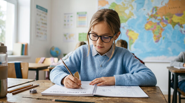 Focused young schoolgirl diligently writing in her notebook during a classroom lesson perfect for elementary education and learning promotion concepts