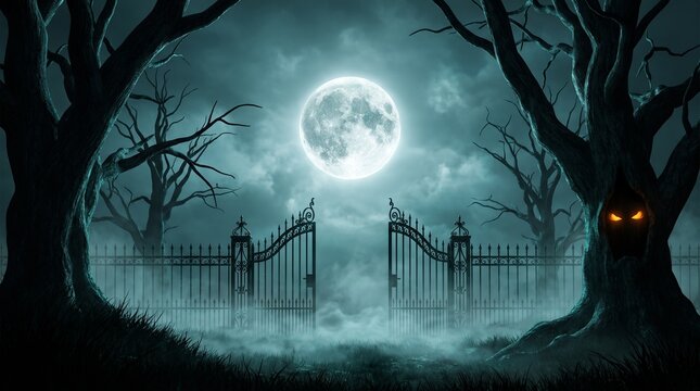 Open wrought iron cemetery gate standing in a dark misty forest under a bright full moon with stands foggy forest