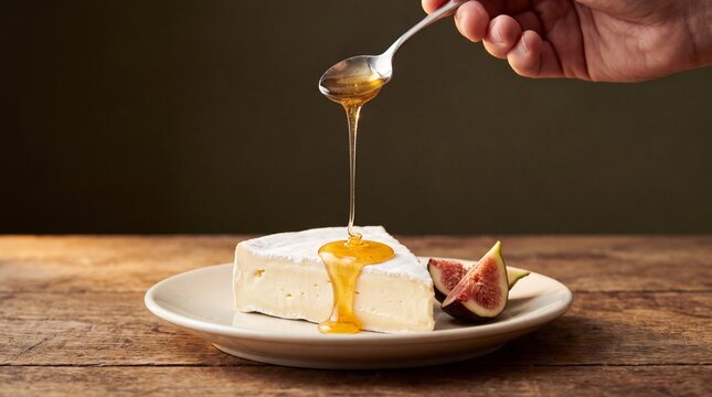 Drizzling Honey on Brie Cheese with Fig: A delectable slice of creamy brie cheese is enhanced with a golden drizzle of honey, accompanied by fresh fig slices, presented on a rustic wooden surface.