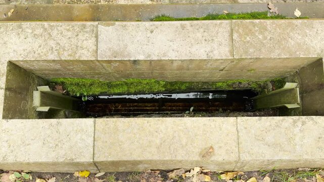 Water flows through a mossy stone channel at Viscontiev Bridge in Pavlovsk Park, Saint Petersburg. This hidden detail evokes a quiet sense of mystery, calm, and peaceful wonder.