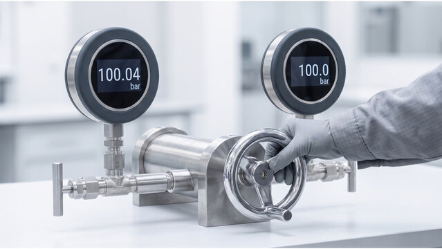 Technician calibrating digital pressure gauge using modern comparison test pump with horizontal screw press in metrology laboratory
