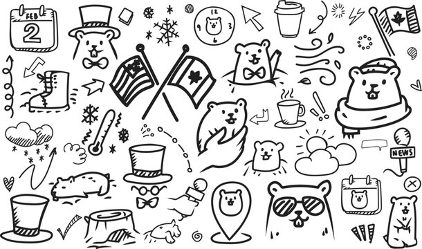 Groundhog weather prediction and seasonal festival doodle horizontal banner