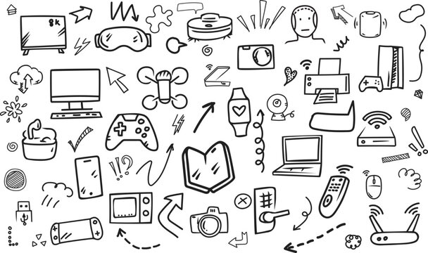 Modern technology devices and smart electronic gadgets doodle pattern