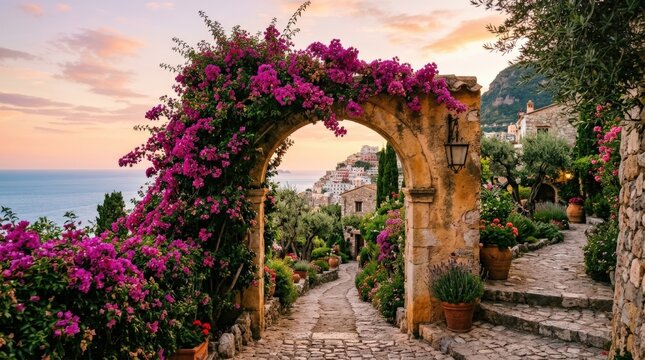 Stone arch framed by abundant magenta bougainvillea beneath a glowing pastel sky, cinematic Mediterranean travel photography, warm stone, fuchsia and peach palette, soft evening light and romantic