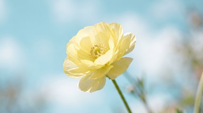 Dreamy yellow blossom against a soft blue sky, macro botanical photography, translucent petals, pale lemon and cyan palette, gentle backlighting, very shallow focus, airy spring atmosphere, delicate