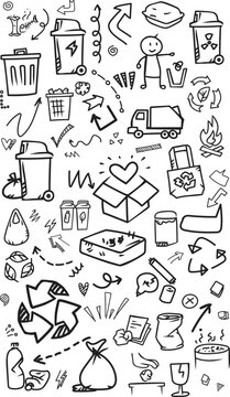 Waste sorting and environmental recycling vertical doodle pattern