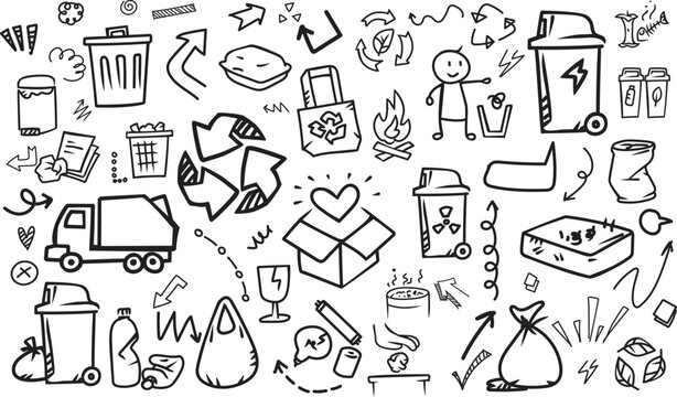 Recycling waste management and green ecology doodle horizontal banner