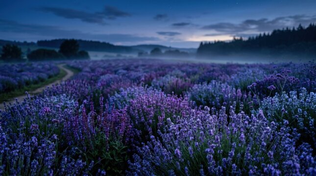 Field of densely packed purple and indigo flowers photographed in deep twilight, dreamy botanical landscape, cool blue palette, shallow haze and romantic low-light atmosphere.