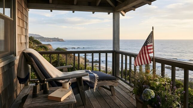 Coastal veranda with american flag overlooking the ocean on a cloudy day