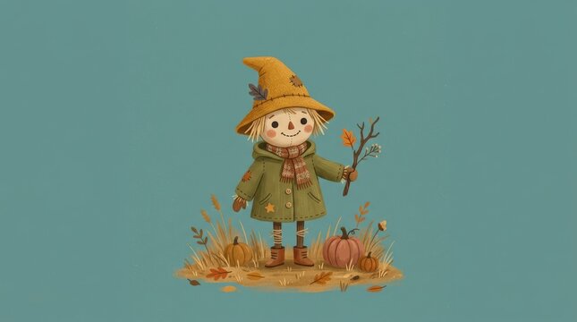 Small scarecrow-like figure in a mustard pointed hat and olive coat against muted teal, minimalist character illustration, simple geometric proportions and charming autumn Halloween mood.