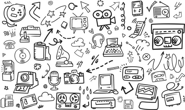 Retro tech nostalgia and vintage electronics doodle pattern