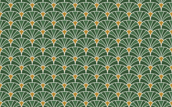 Green and Gold Art Deco Fan Seamless Vector Pattern Background