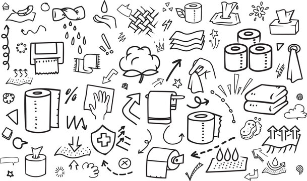 Sanitary tissue paper and household cleaning doodle horizontal banner