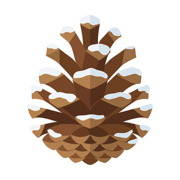 Stylized vector illustration of a brown pine cone with snow on tips.
