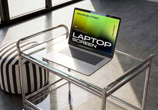 Laptop on Glass Bar Cart Mockup