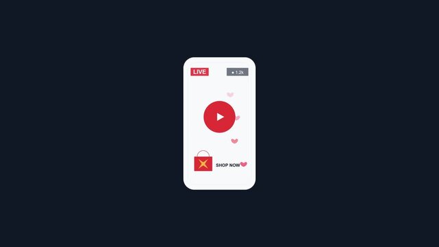 Smartphone Livestream Shopping Interface with Play Button and Shop Now Button on Dark Screen