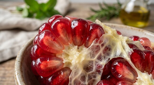 Pomegranate arils vibrant red inside fruit detail macro shot.