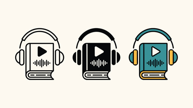 Audiobook icon collection featuring book with headphones and soundwave symbols in multiple styles for digital publishing and e-learning platforms.
