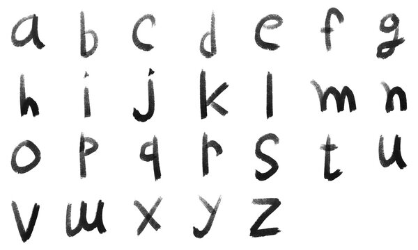 Handwritten lowercase alphabet letters set - PNG cutout. Black ink a-z. Childlike, educational, doodle style. For school, learning, design elements. Isolated transparent object.