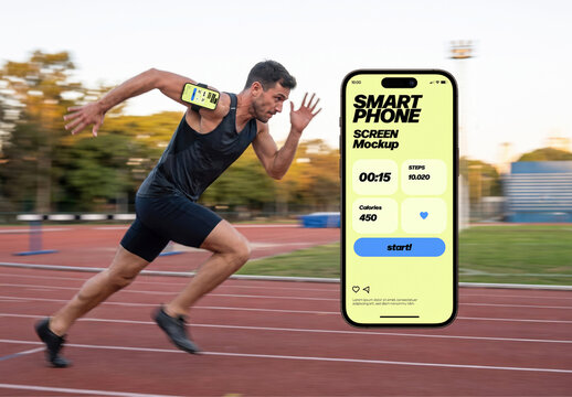 Smartphone Screen with Sprinter on Running Track Mockup