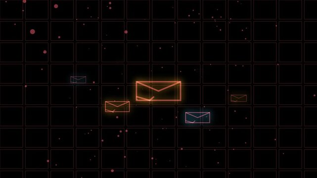 Neon email envelope icons and digital messaging tech background