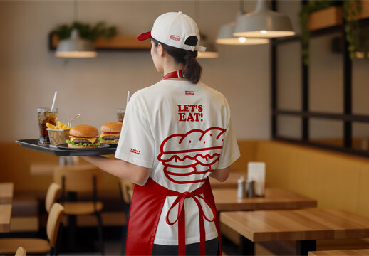 Waitress Back T-Shirt Print in Burger Restaurant Mockup