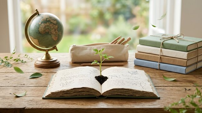 Green seedling growing out of an open vintage book on a rustic wooden table with globe and stationery