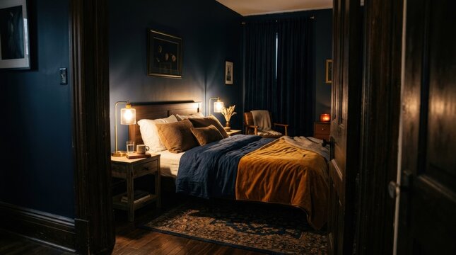 Warm bedroom interior framed by a dark doorway or window, cinematic architectural photography, amber, navy and brown palette, glowing practical light, intimate atmosphere and elegant hospitality mood.
