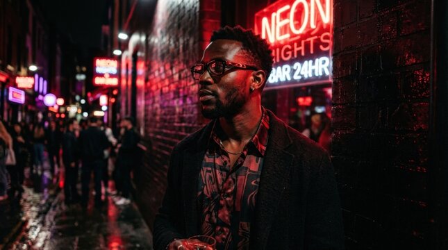 Black man in patterned shirt and glasses illuminated by intense red neon, cinematic portrait photography, deep crimson and black palette, strong side light, glossy highlights, nightlife and
