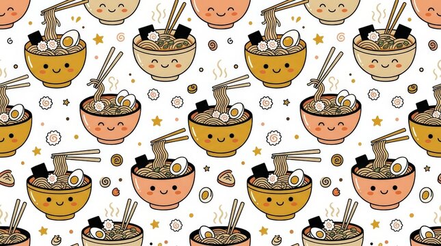 Smiling ramen bowls with noodles and chopsticks repeated across a white background, warm mustard, beige, peach and black palette, playful Japanese-food-inspired hand-drawn vector pattern, rounded