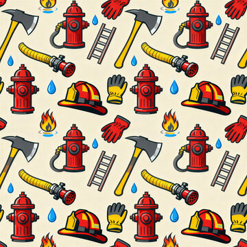 Firefighter Equipment Hydrant Helmet Hose Axe Ladder Seamless Safety Pattern