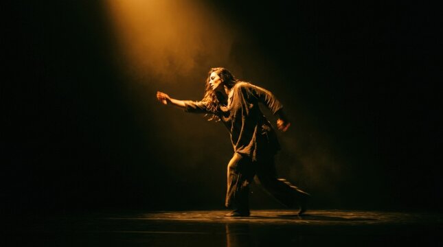 Dramatic dancer or performer emerging from darkness with a bright warm highlight across the body, conceptual movement photography, black and amber palette, high contrast and theatrical stage