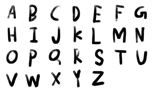 Handwritten brush stroke alphabet PNG. Uppercase A-Z letters, black ink. Educational, playful doodle for kids, learning, design. Isolated transparent object.