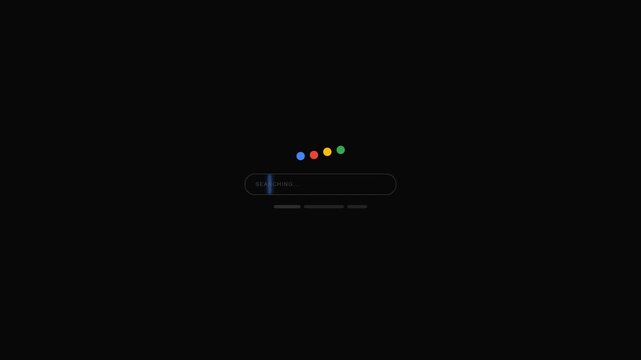 Dark search bar animation with searching text and colorful icons on black background, internet search interface concept loop
