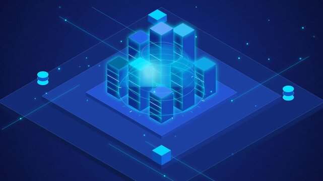 Abstract Data Server Network Visualization with Glowing Blue Cubes and Digital Connectivity Nodes