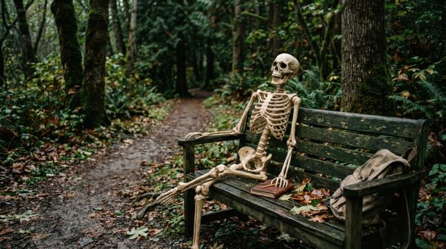Skeleton sitting casually on a green park bench along a quiet wooded path, surreal lifestyle photography or realistic composite, muted earthy greens and browns, soft overcast light, centered
