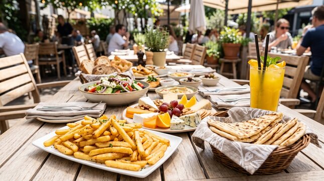 Delicious spread of golden french fries cheese platter fresh salad and refreshing citrus beverage on restaurant table