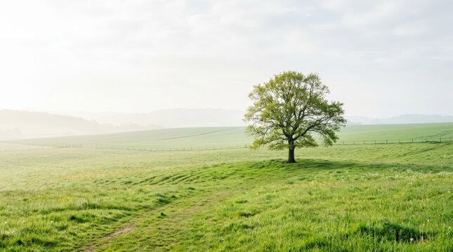 Bright green field with a solitary tree beneath soft haze, minimalist landscape photography, fresh spring palette, subtle rolling contours, high-key natural light and clean sustainability or wellness
