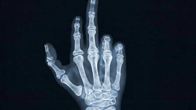 Medical xray scan showing human hand bones and joints for diagnostic healthcare research and orthopedics