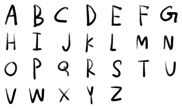 Handwritten alphabet PNG isolated set. Uppercase letters A-Z, complete English. Casual brush script, childish doodle style - education graphic, kids learning, school craft. Transparent object, blank.