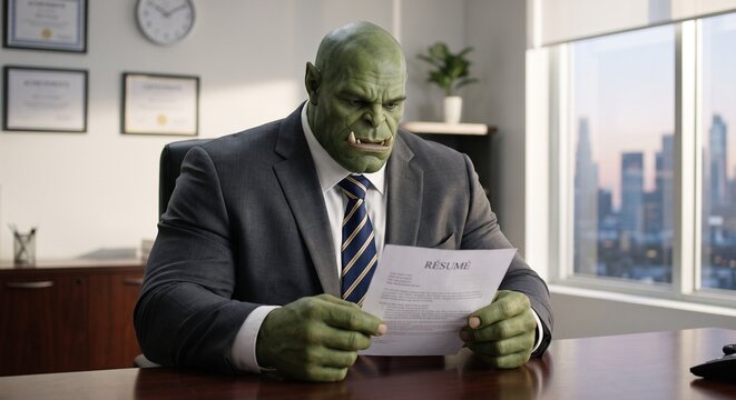 Large green orc in a tailored corporate suit holding a paper resume during a serious HR interview in a modern office