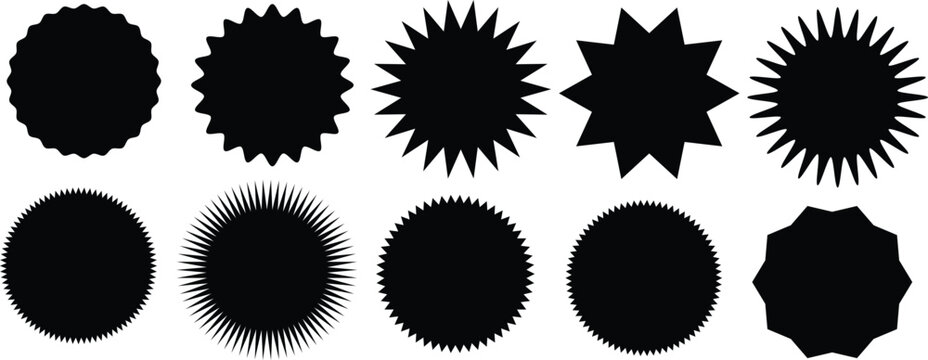 Set of ten black starburst, sunburst, and scalloped circular shapes on white background de
