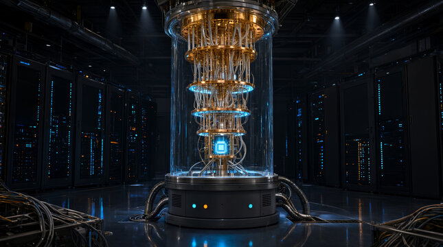 Glowing quantum computer with intricate cooling system, advanced technology lab