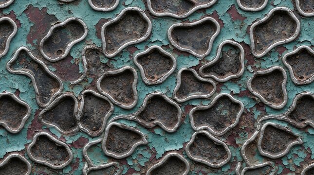 Distressed metal surface with peeling paint and irregular shapes