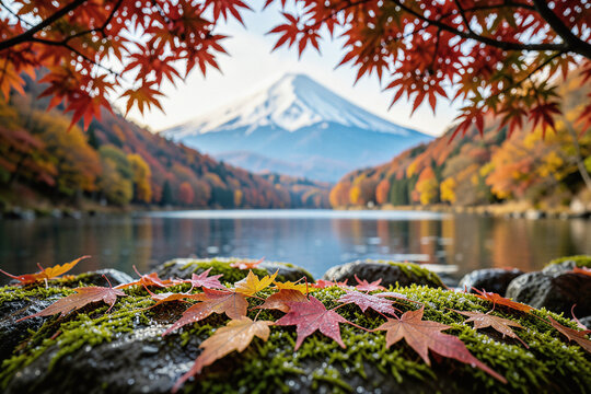 Mount Fuji and Autumn Maple Leaves at Lake Kawaguchiko Japan